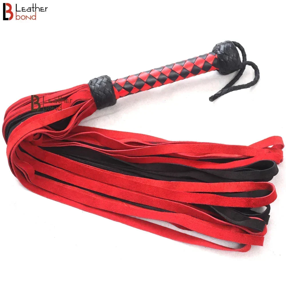 Real Cowhide Suede Leather Flogger 50 Rounded Loop Falls Red and Black Thuddy Whip | BDSM Impact
