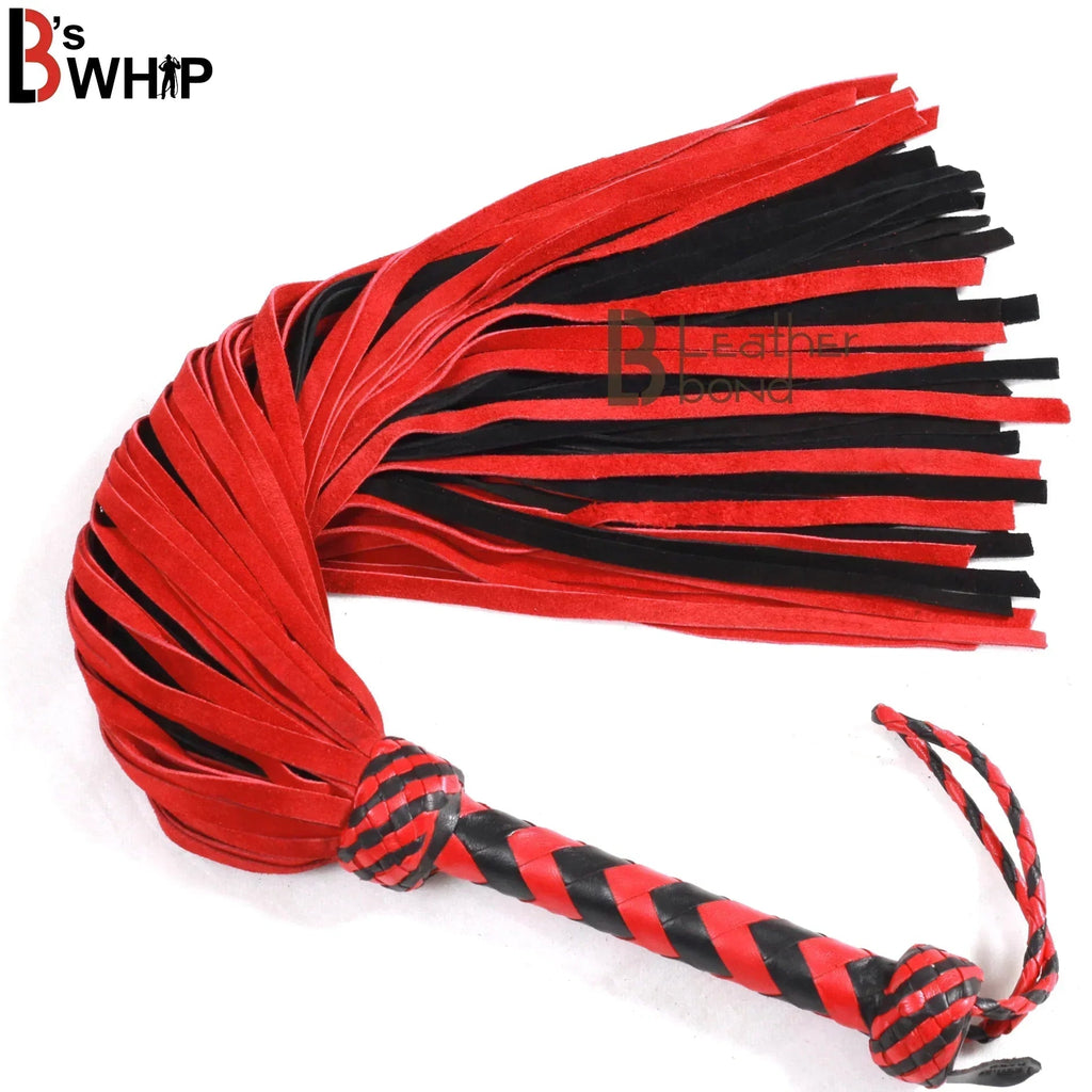 ❤️🖤 Real Genuine Cowhide Suede Leather Flogger 75 Falls Red & Black Heavy Duty Thuddy Whip