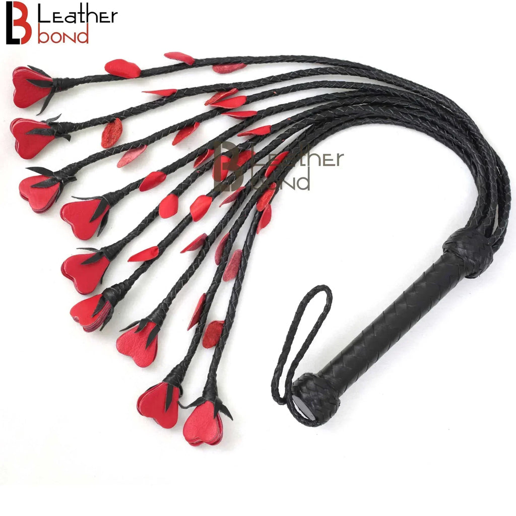 ❤️ Real Cowhide Leather Cat-o-Nine Tails Flogger 9 Braided Red Heart Falls | Heavy Duty Handmade BDSM Whip