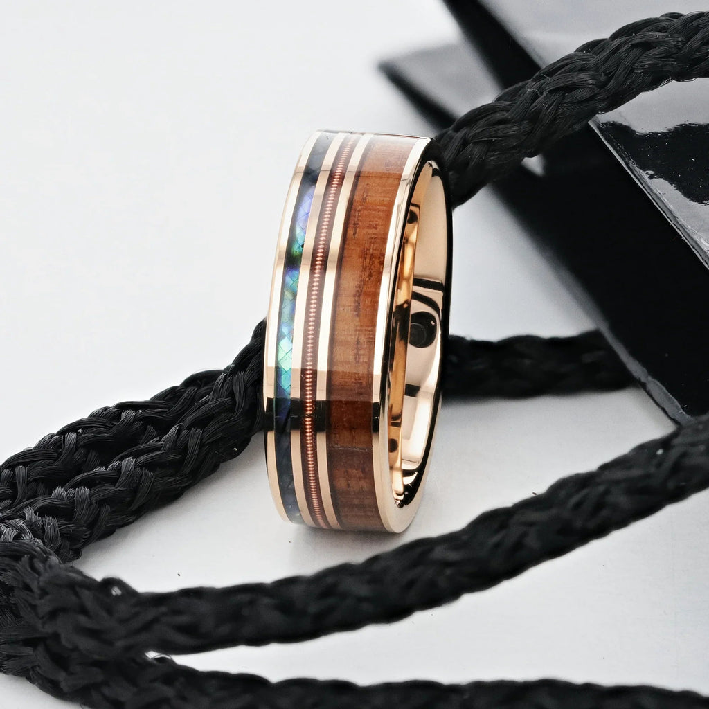MOANA Smoked Rose Gold Tungsten Ring with Hawaiian Koa Wood, Abalone Shell & Guitar String – 8mm