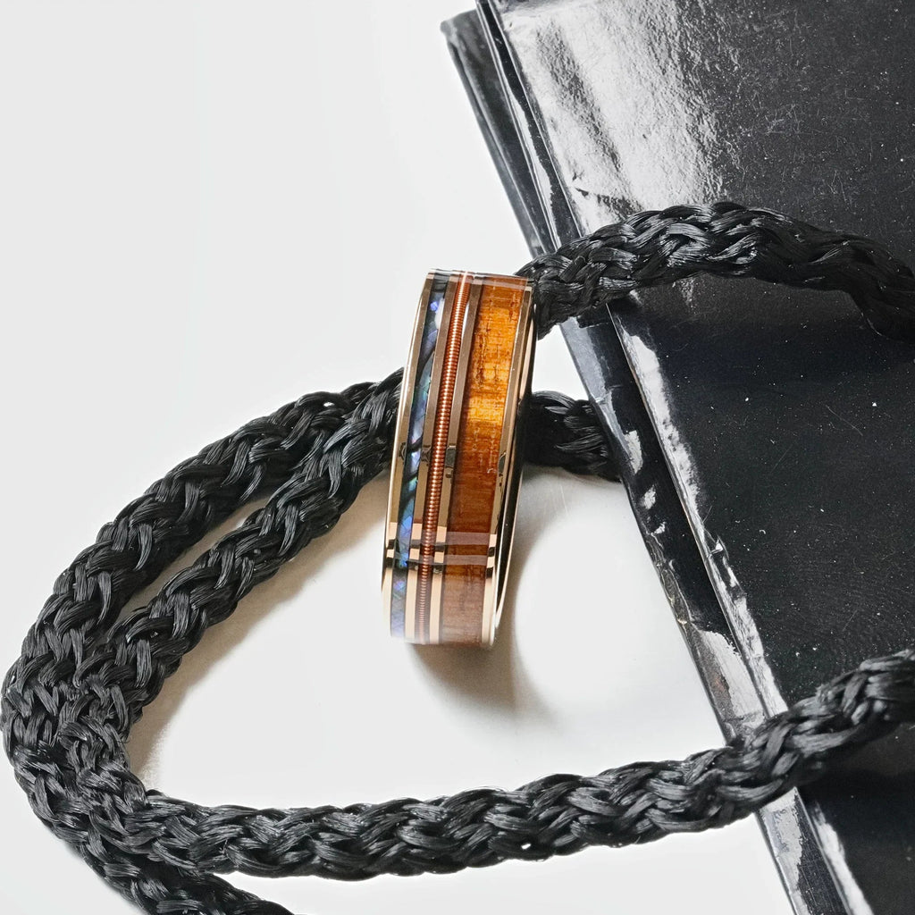 MOANA Smoked Rose Gold Tungsten Ring with Hawaiian Koa Wood, Abalone Shell & Guitar String – 8mm