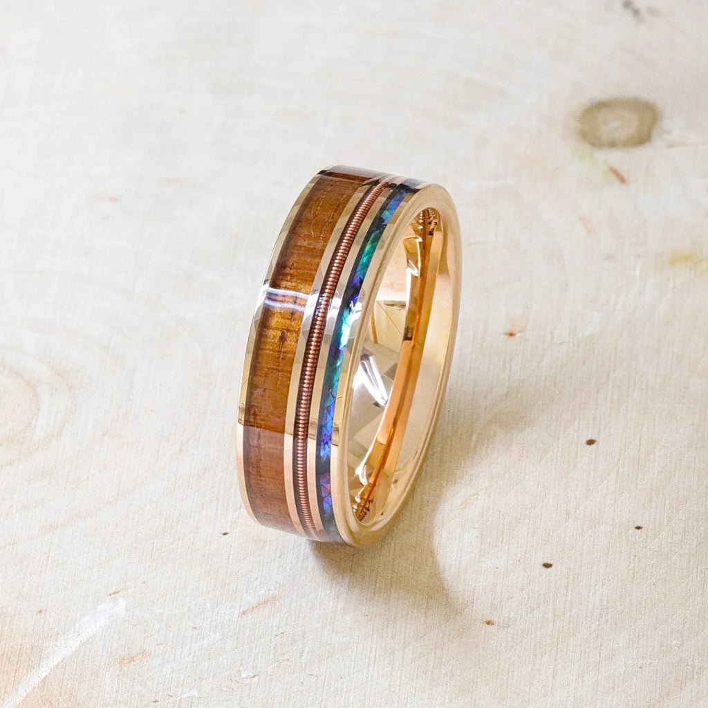 MOANA Smoked Rose Gold Tungsten Ring with Hawaiian Koa Wood, Abalone Shell & Guitar String – 8mm