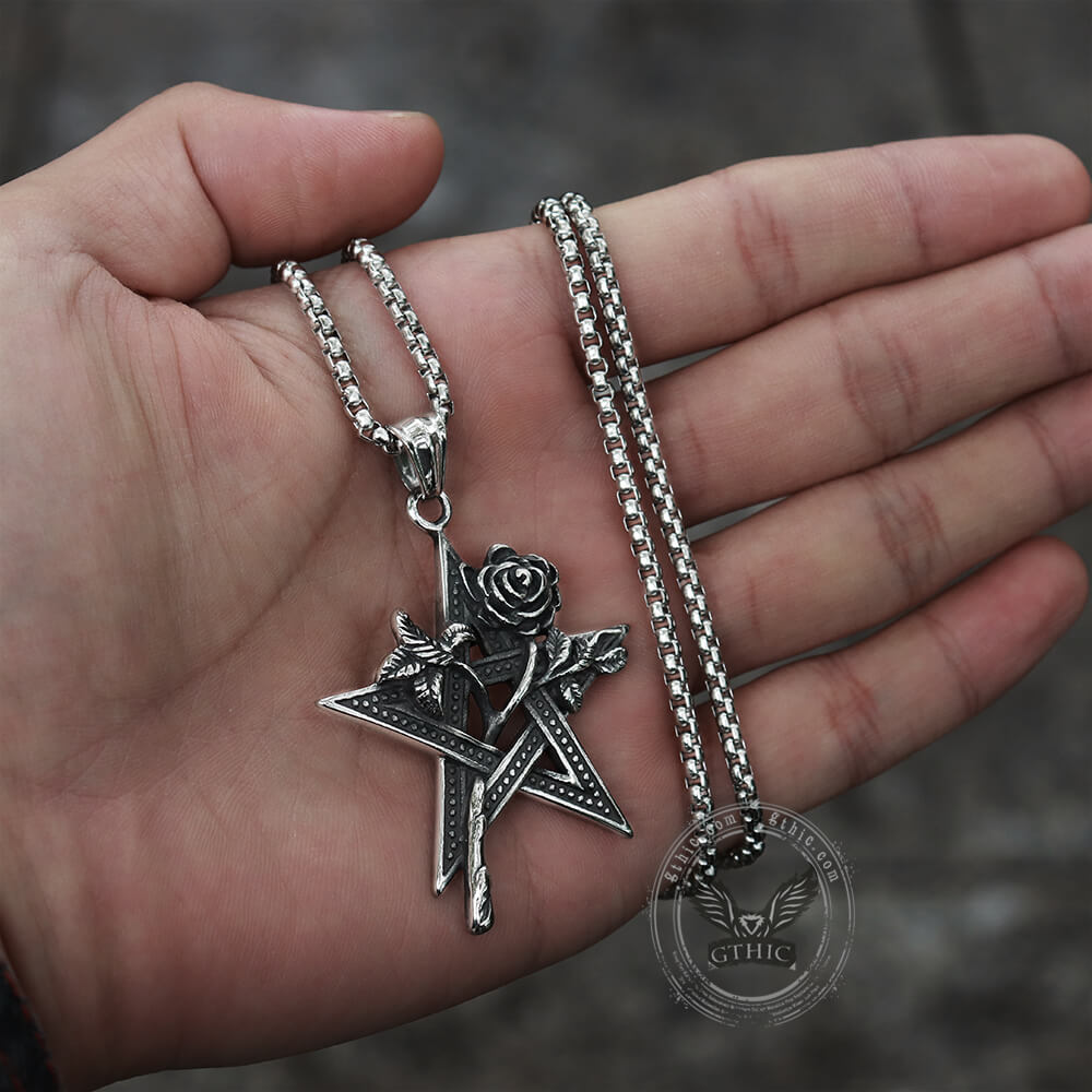 Rose And Pentagram Stainless Steel Pendant