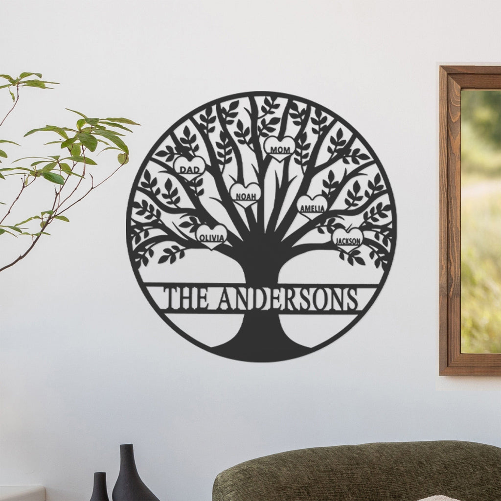 [COL] Tree of Life Personalized Family Tree Metal Sign with Hearts – Custom Name & Date – Large Laser Cut Steel Wall Art