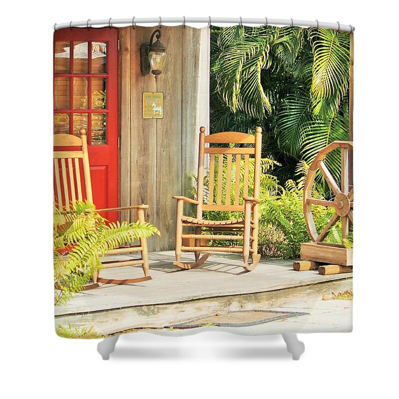 Rustic Porch with Red Door - Shower Curtain
