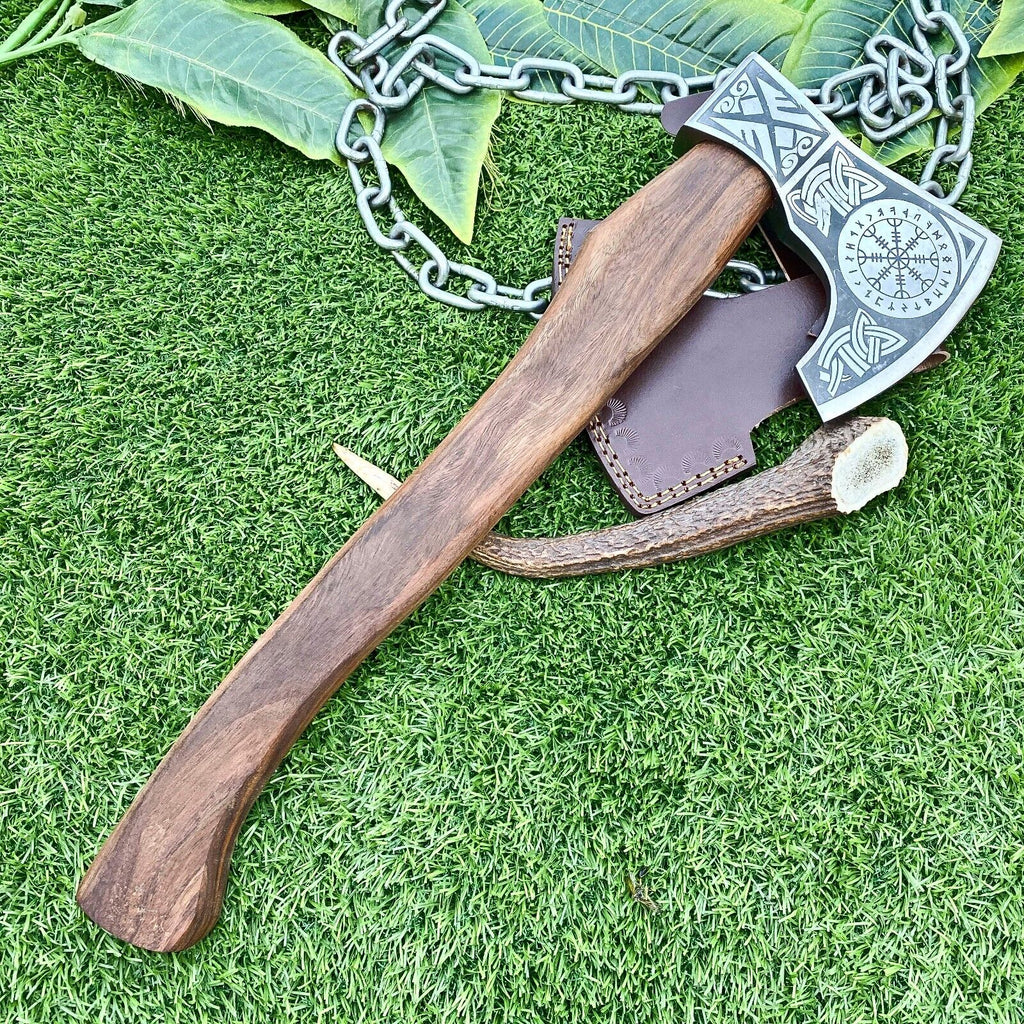 Viking Combat Axe with Custom Handmade Forged Engraved 1095 Steel Blade and Rosewood Handle – Odin’s Fury