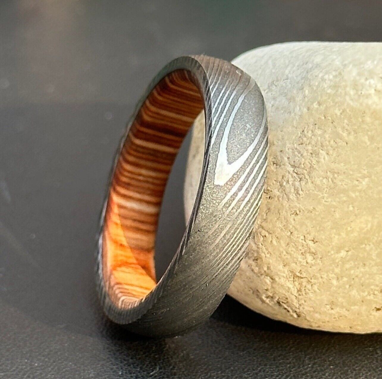 Everlasting Unity Damascus Steel Eternal Commitment Ring with Wood Inlay by KBS Knives Store