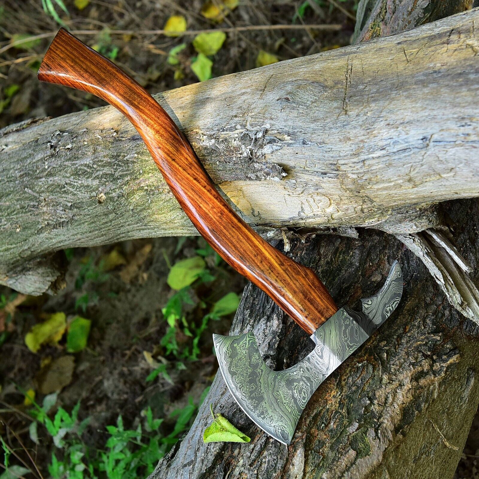 Tomahawk Axe with Custom Handmade Forged Damascus Steel Blade – "Rosewood Warrior"