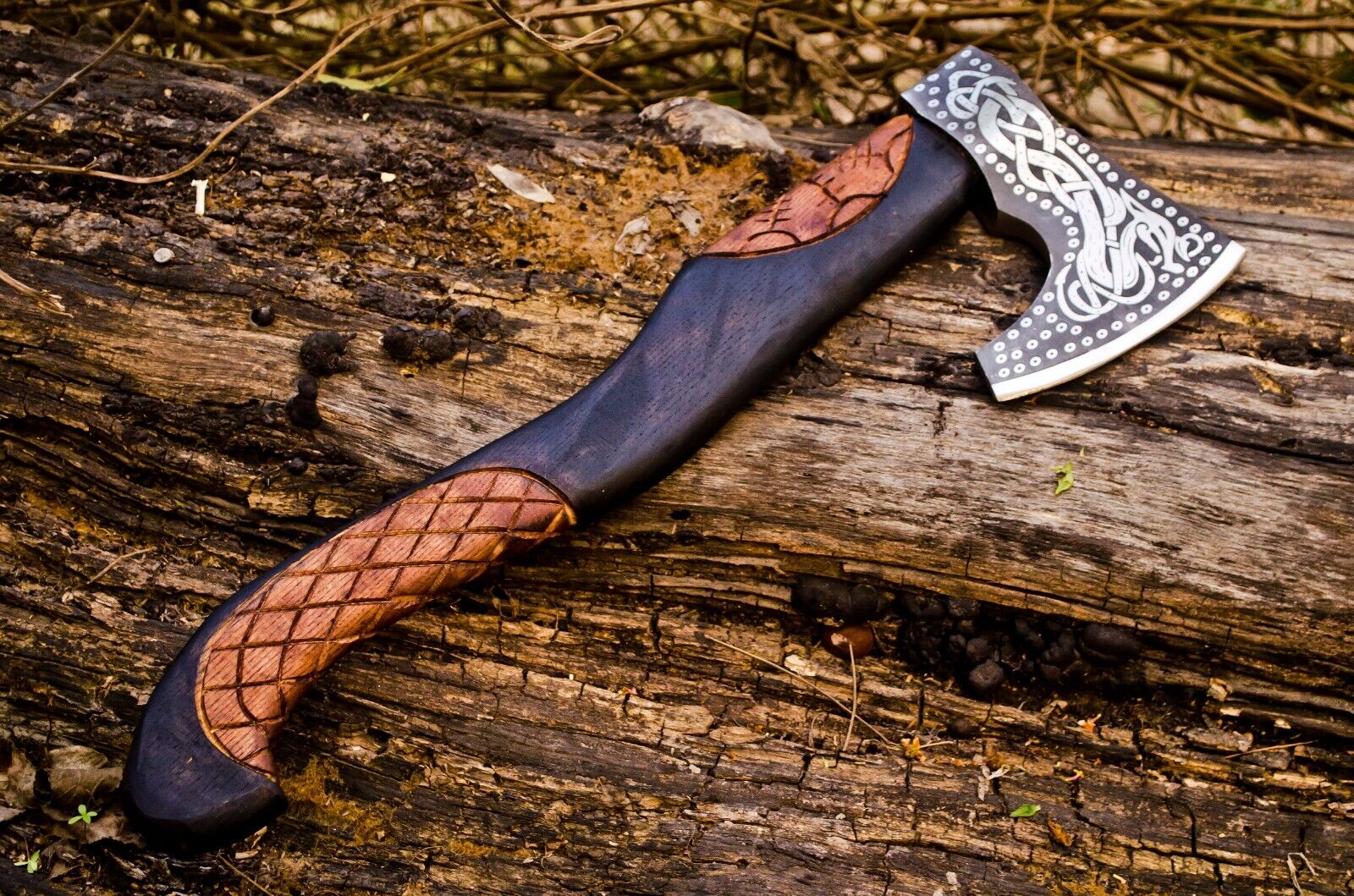 Handcrafted Battle Axe with Engraved 1095 Steel Blade and Hand Engraved Rosewood Handle – KBS Knives Store