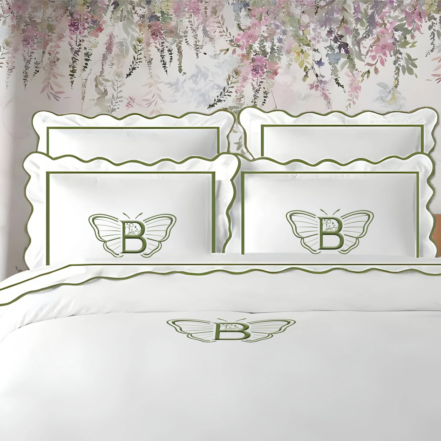 Monogram 400TC Cotton Scallop Embroidery & Border Sateen Solid Duvet Cover Set