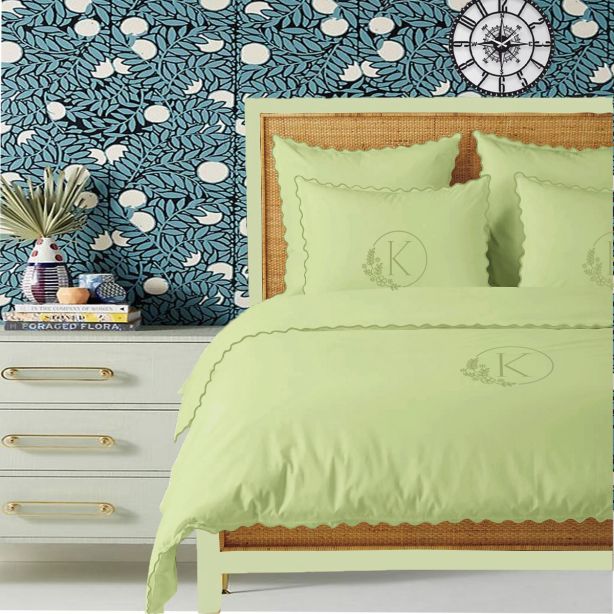 Monogram Sage 400TC Cotton Small Scallop Embroidery Duvet Cover Set