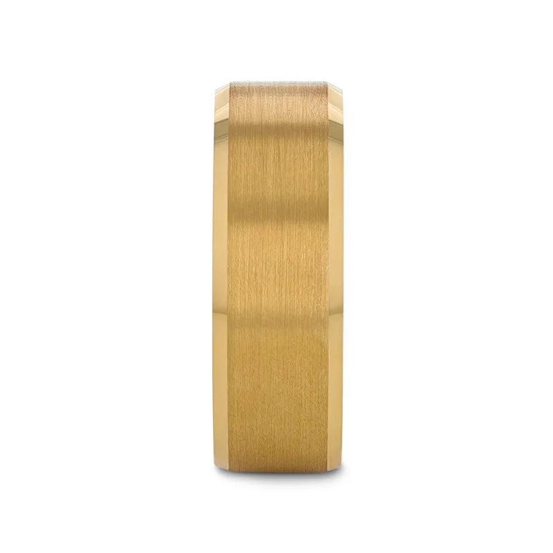 HONOR Gold-Plated Tungsten Beveled Edge Flat Ring with Brushed Center – 6mm & 8mm