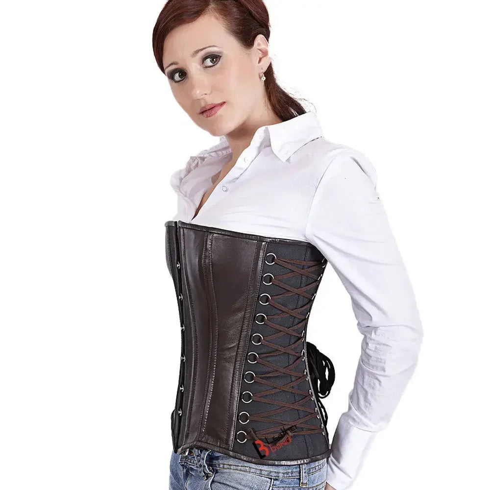 Genuine Real Sheep Leather & Stainless Steel Spiral Bones overbust corset Brown Black