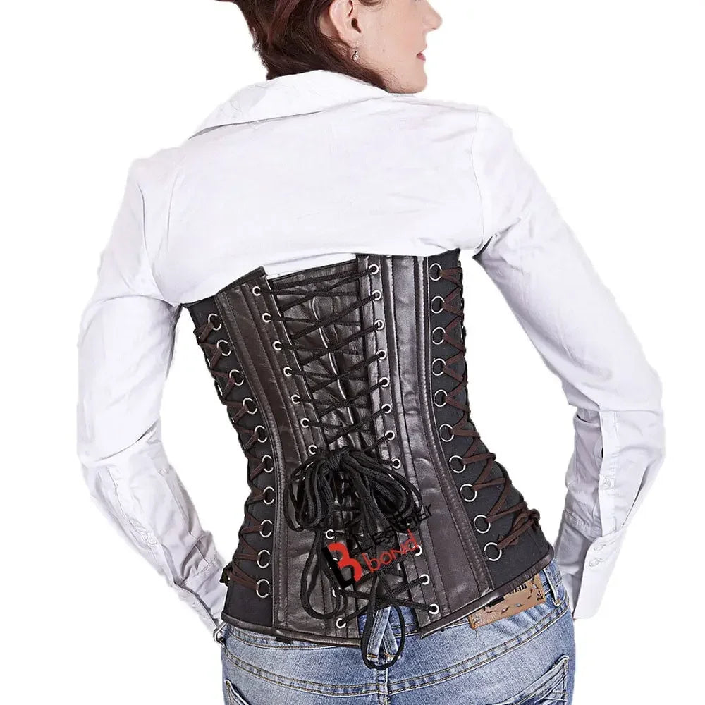 Genuine Real Sheep Leather & Stainless Steel Spiral Bones overbust corset Brown Black