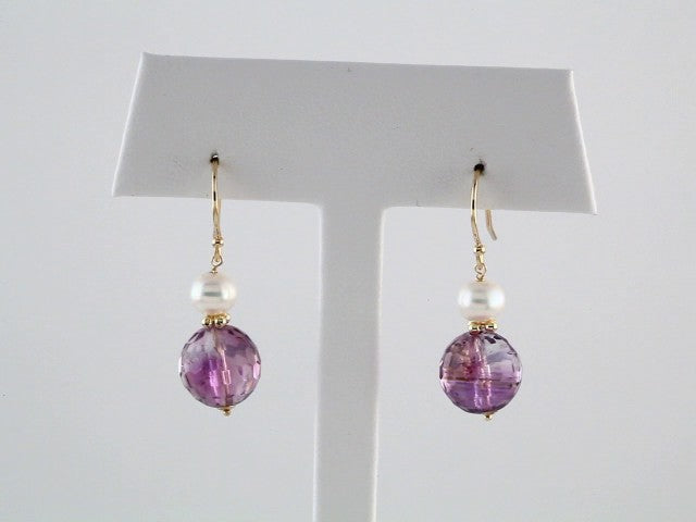 14K Yellow Gold Natural Amethyst & Cultured White Freshwater Pearl Earrings – image 3