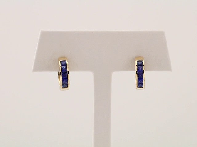 14K Yellow Gold Lab-Grown Blue Sapphire Hoop Earrings – image 3
