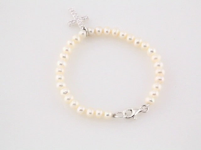 Sterling Silver Cultured White Freshwater Pearl & Imitation White Cubic Zirconia Cross 5 1/2" Bracelet – image 3