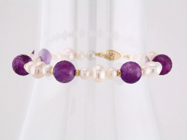 14K Yellow Gold Natural Amethyst & Cultured White Freshwater Pearl 7 1/2" Bracelet – image 3