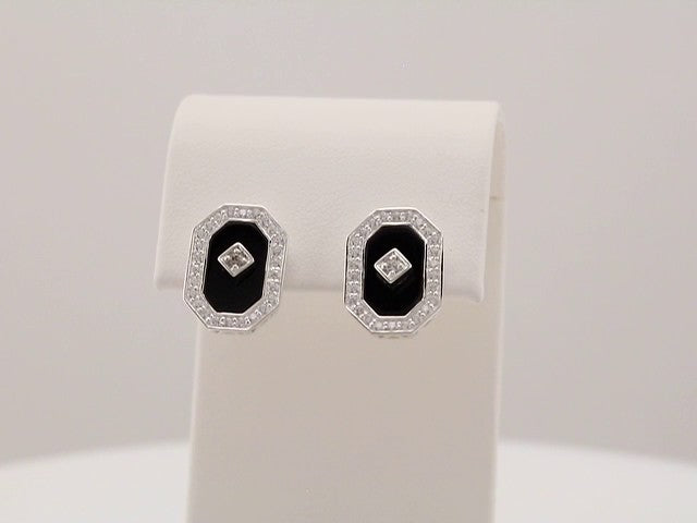 Sterling Silver Natural Black Onyx & Imitation White Cubic Zirconia Halo-Style Earrings – image 3