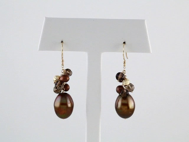 14K Yellow Gold Cultured Dyed Chocolate Freshwater Pearl & Natural Smoky Quartz Earrings – image 3