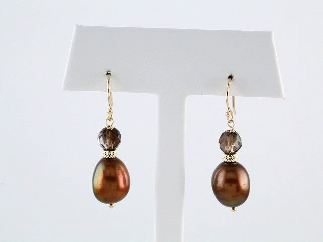 14K Yellow Gold Cultured Chocolate Freshwater Pearl & Natural Smoky Quartz Earrings – image 3