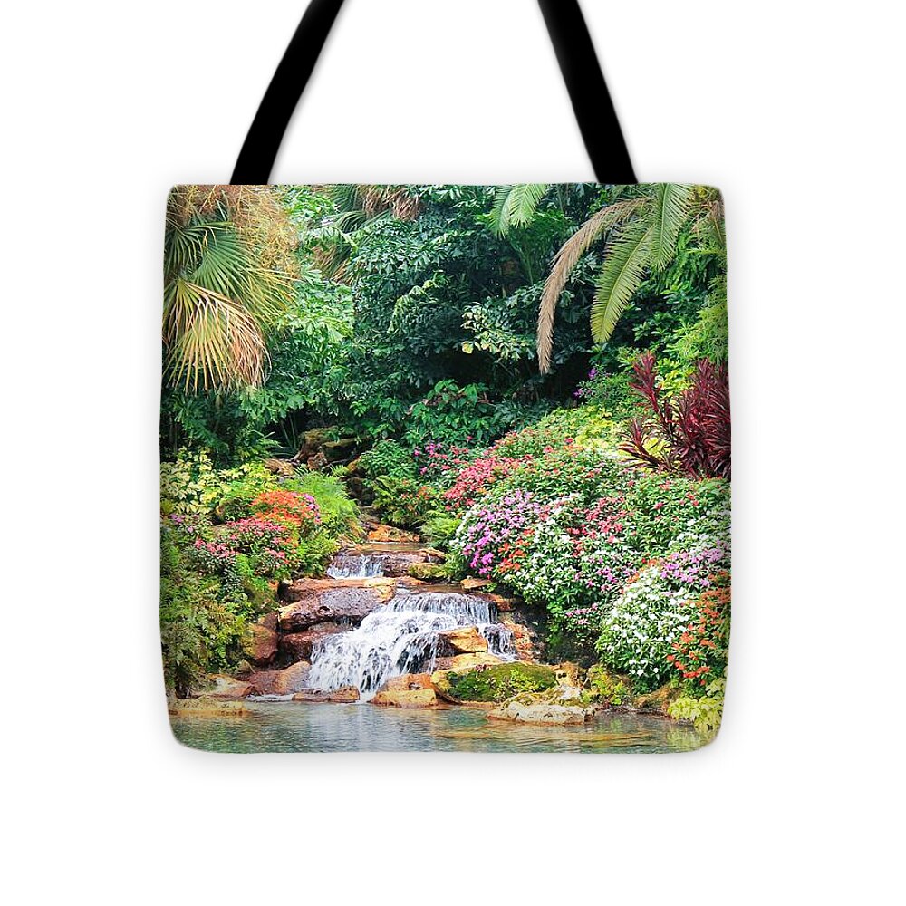 Serene Tropical Garden and Waterfall in Orlando, Florida - Tote Bag