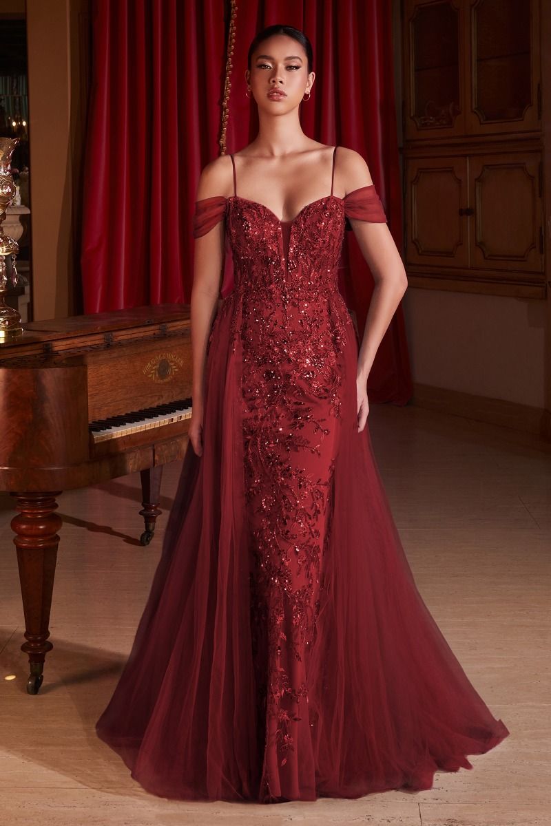 Embellished Off Shoulder Fitted A-Line Tulle Skirt Long Prom Dress CDSF009