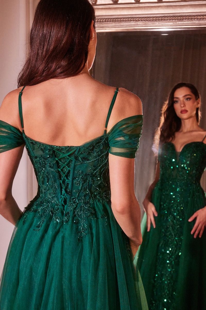 Embellished Off Shoulder Fitted A-Line Tulle Skirt Long Prom Dress CDSF009