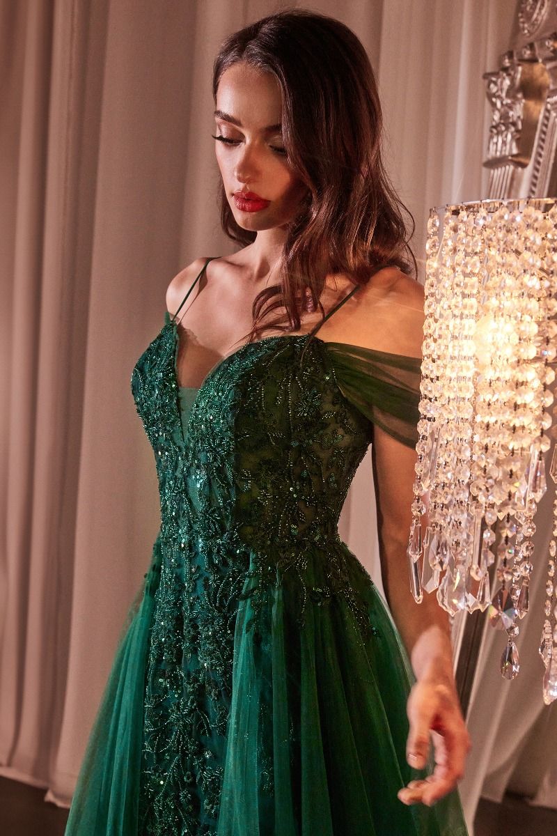 Embellished Off Shoulder Fitted A-Line Tulle Skirt Long Prom Dress CDSF009
