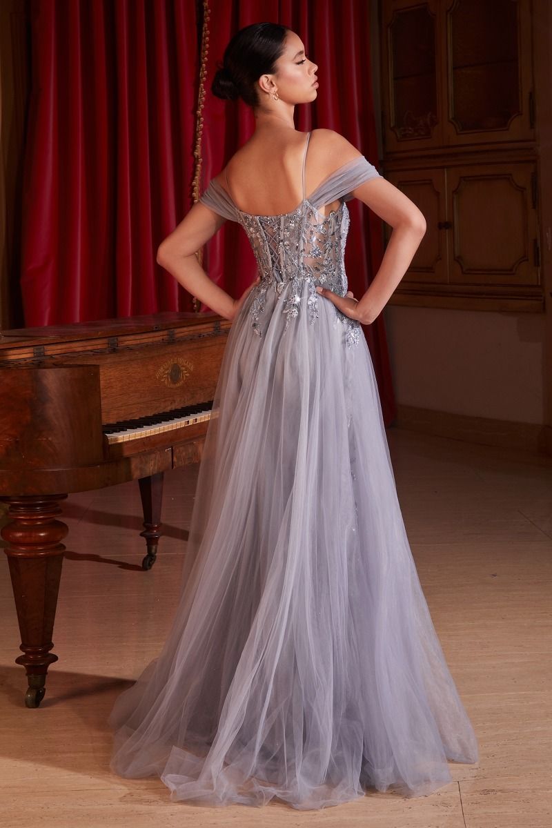 Embellished Off Shoulder Fitted A-Line Tulle Skirt Long Prom Dress CDSF009
