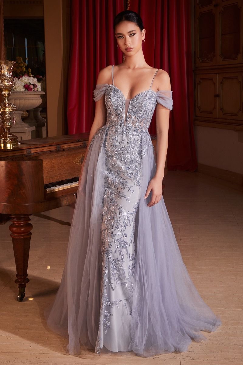 Embellished Off Shoulder Fitted A-Line Tulle Skirt Long Prom Dress CDSF009