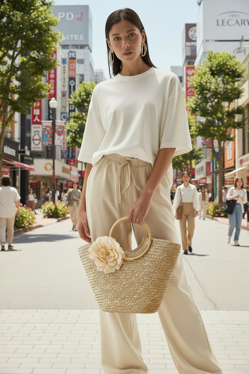 Woven Straw Totebag with Flowers