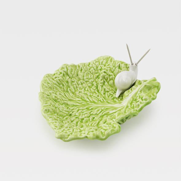 Dessert Plate with Green Lettuce Leaf design and snail motif