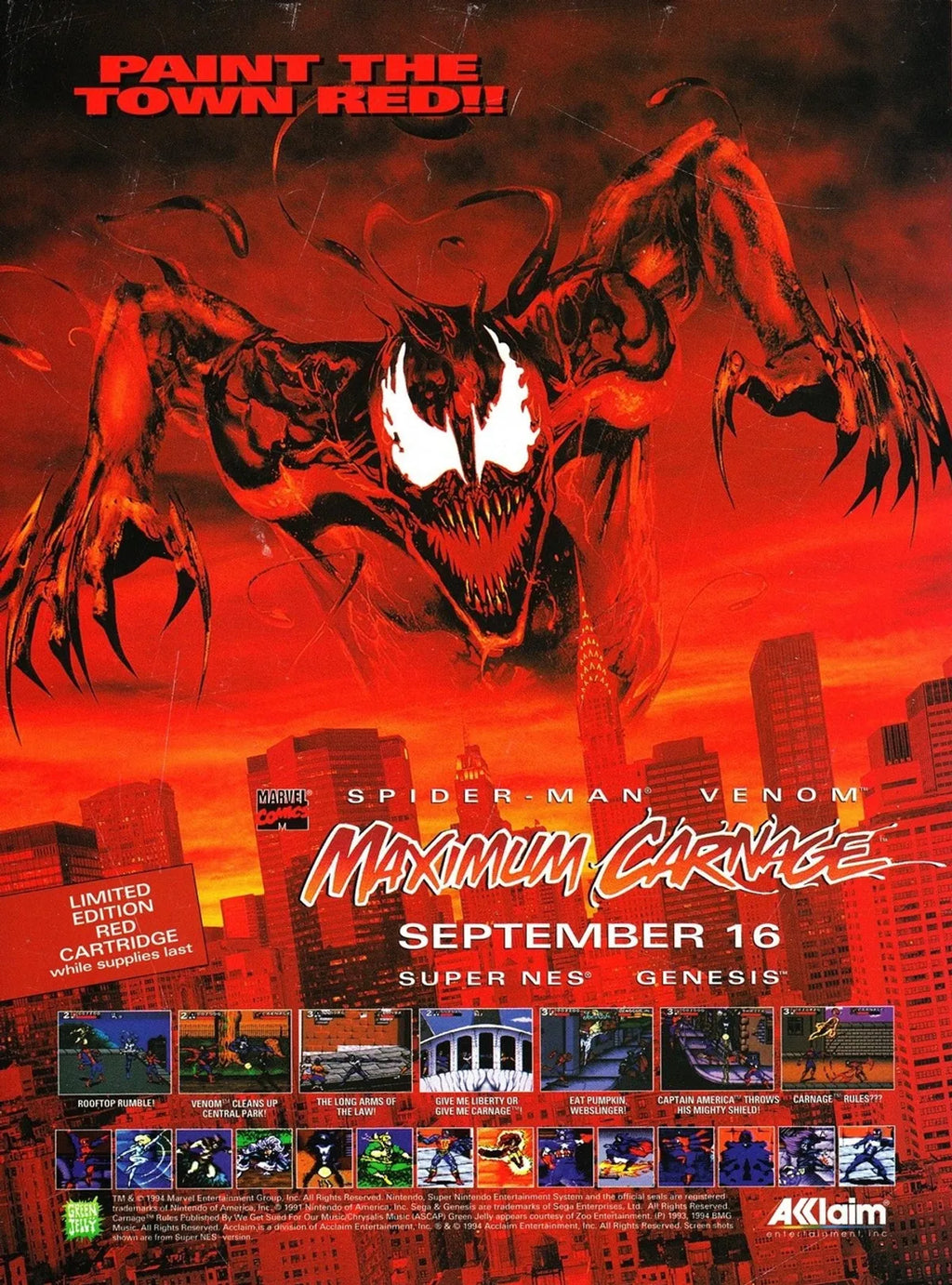 Spider-Man and Venom Maximum Carnage SNES Video Game Super Nintendo 1995