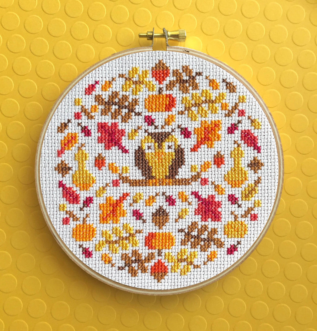 Autumn Mood Cross Stitch Kit – 5” Owl & Fall Foliage Design
