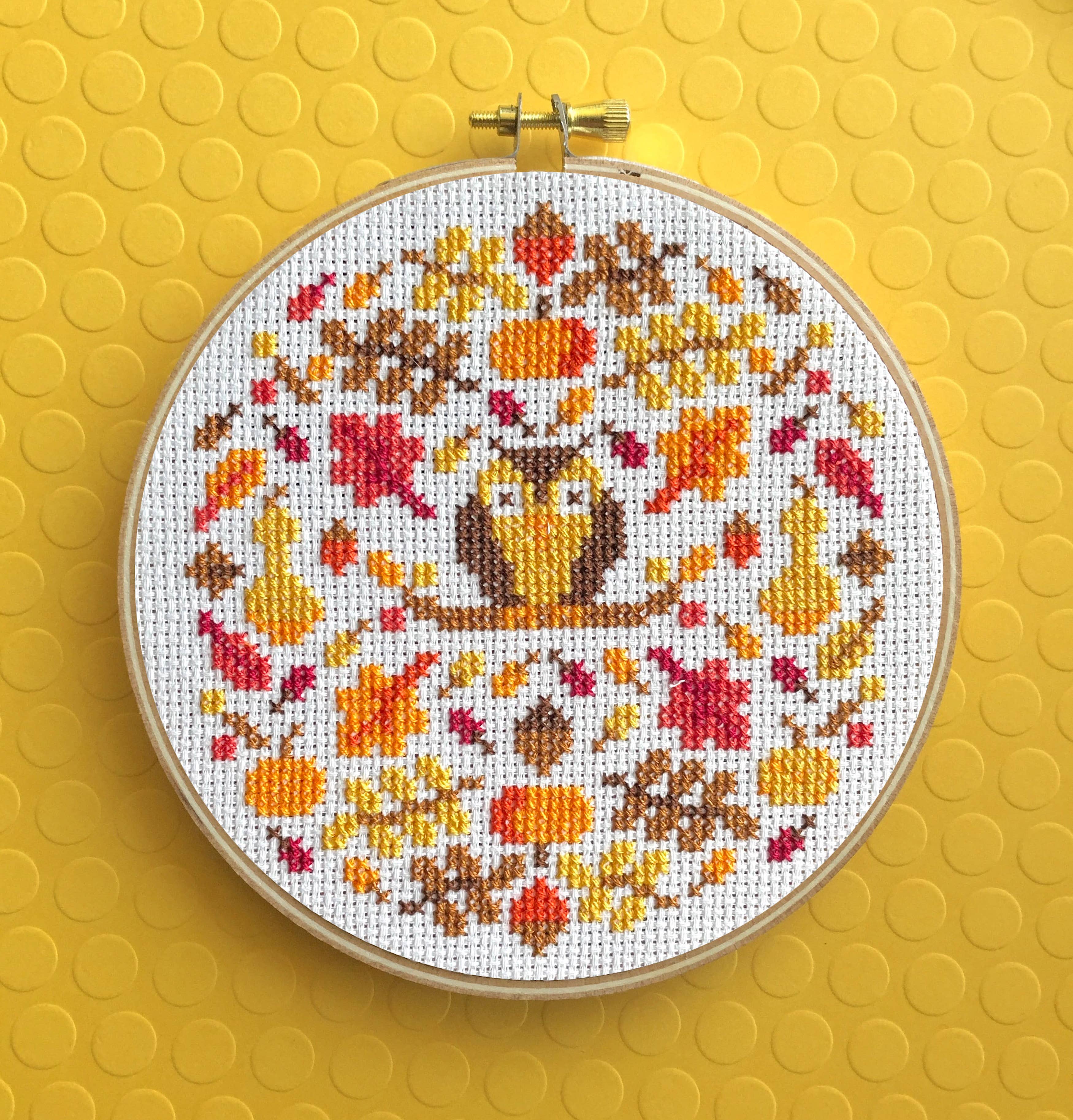 Autumn Mood Cross Stitch Kit – 5” Owl & Fall Foliage Design