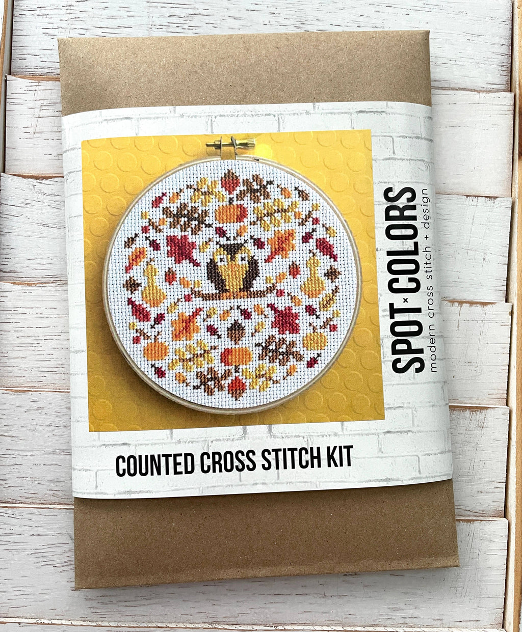 Autumn Mood Cross Stitch Kit – 5” Owl & Fall Foliage Design