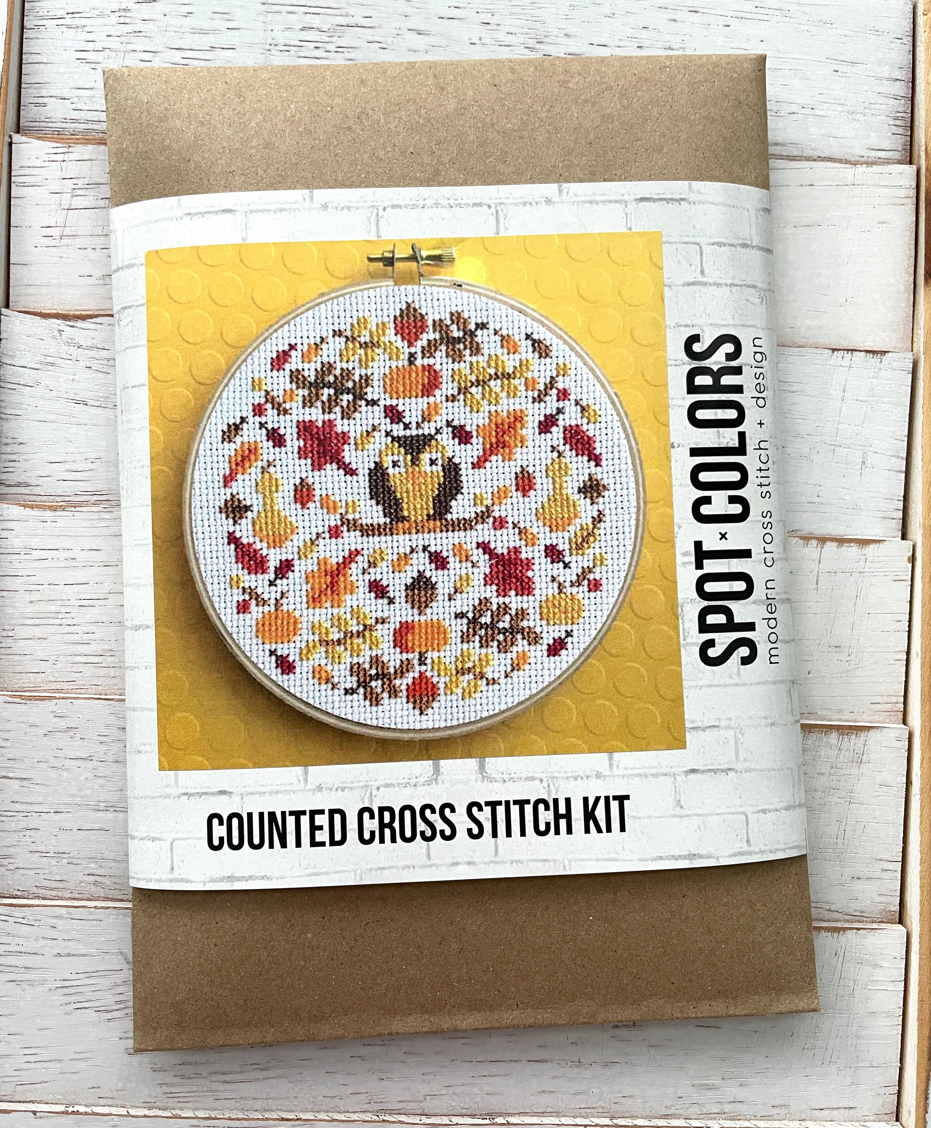 Autumn Mood Cross Stitch Kit – 5” Owl & Fall Foliage Design