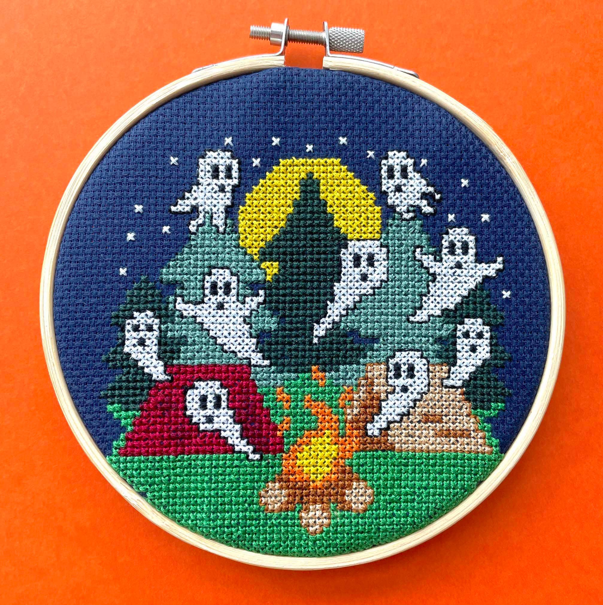 Campfire Stories Cross Stitch Kit – Spooky Campfire Ghost Scene (5”)