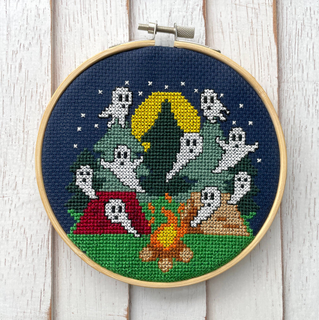 Campfire Stories Cross Stitch Kit – Spooky Campfire Ghost Scene (5”)
