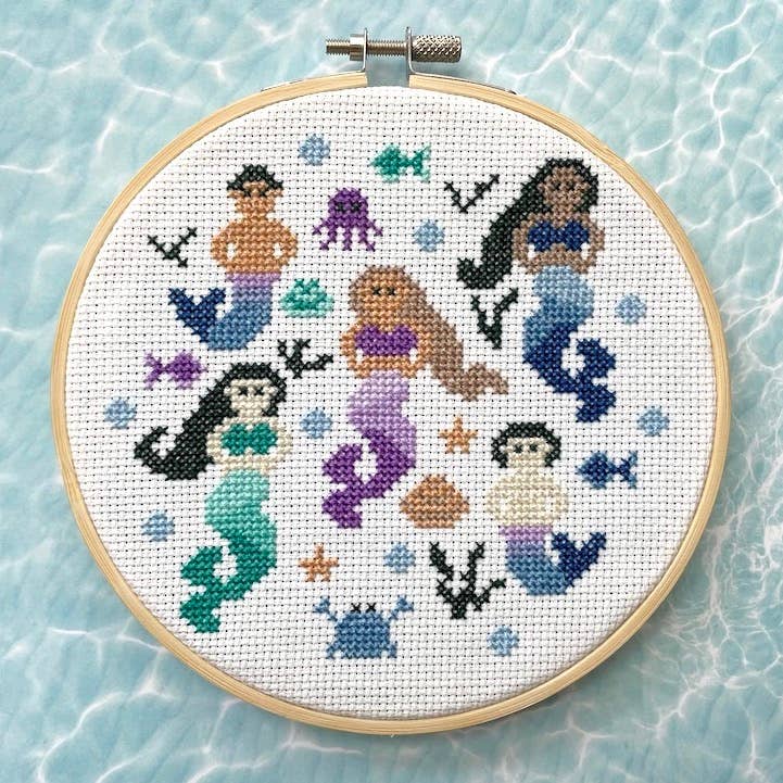 Multicultural Mermaids & Mermen Cross Stitch Kit – Whimsical 6” Ocean-Themed Design