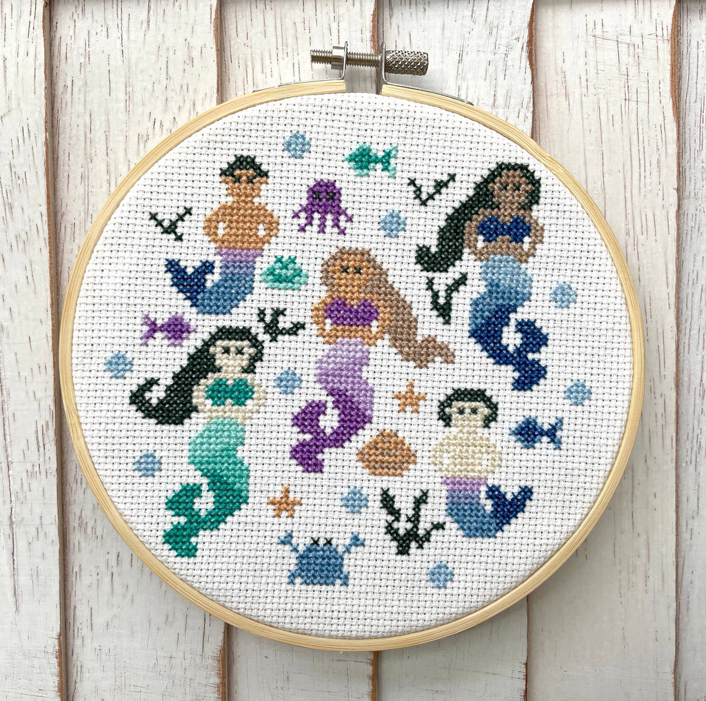 Multicultural Mermaids & Mermen Cross Stitch Kit – Whimsical 6” Ocean-Themed Design