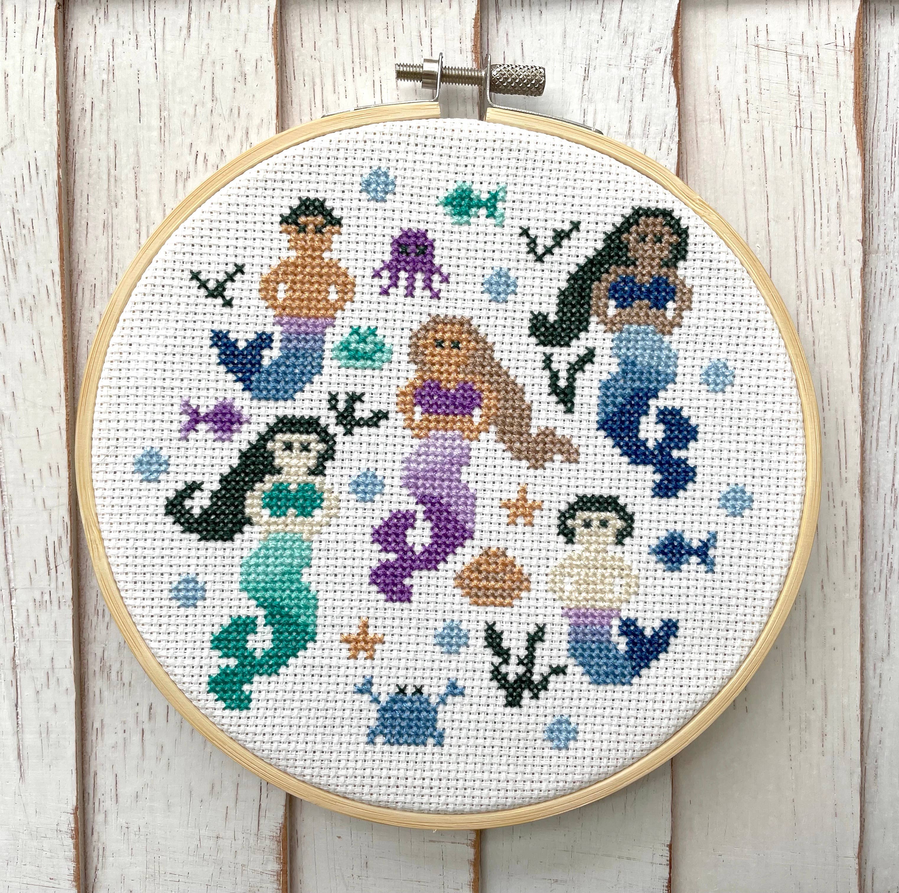 Multicultural Mermaids & Mermen Cross Stitch Kit – Whimsical 6” Ocean-Themed Design