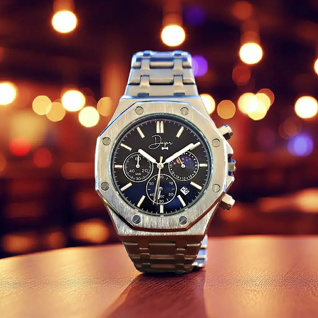Stainless Steel Chronograph Watch- ChronoLunar Black Dial by Dapper Watches