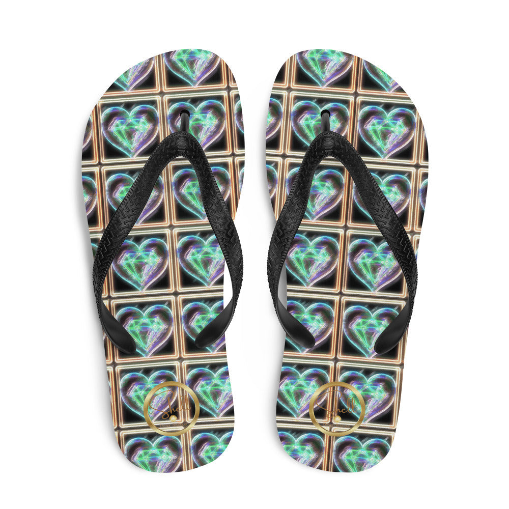 Women's Electric Heart Blue Green Flip-Flops