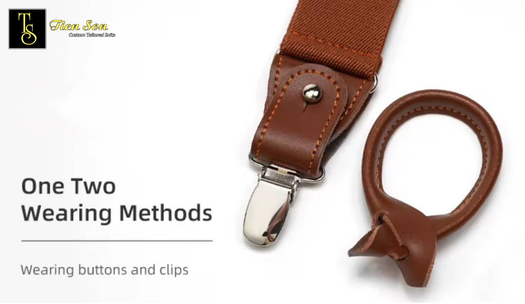 Navy Leather Trim Suspenders - Geometric Pattern