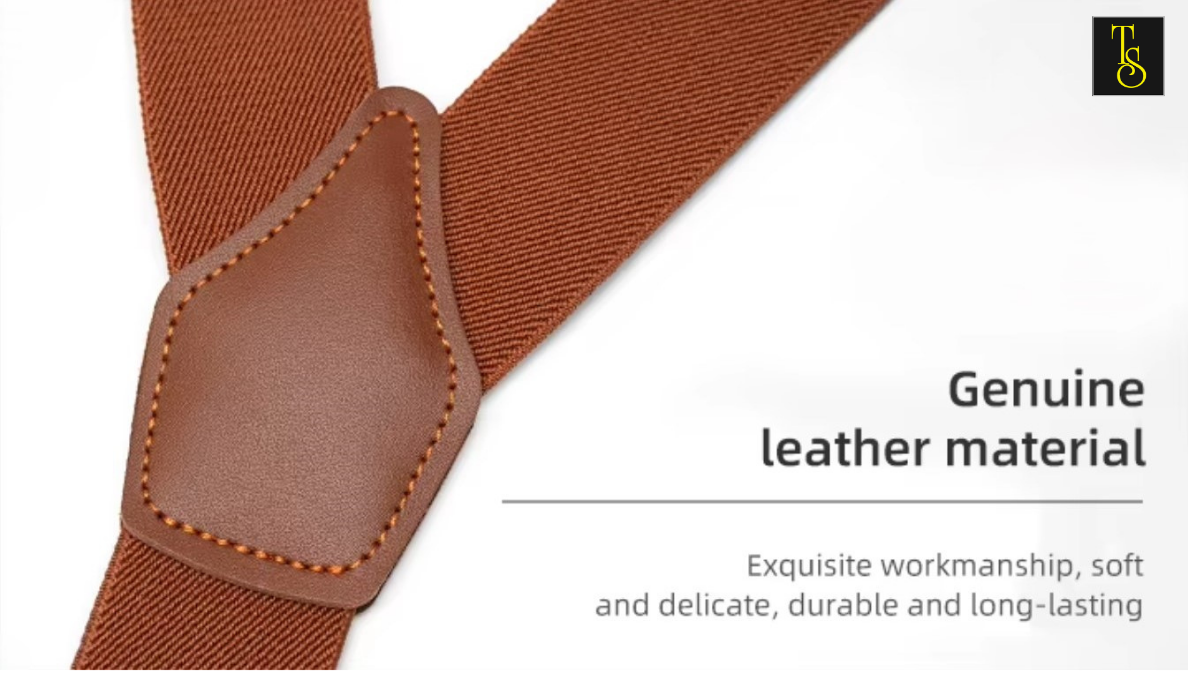 Navy Leather Trim Suspenders - Geometric Pattern