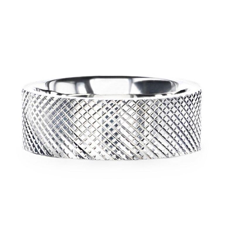 NOBLE Silver Cross-Hatched Finish Flat Style Wedding Band - 4mm & 8mm