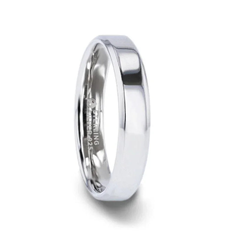 LUCY Sterling Silver Polished Flat-Center Women’s Wedding Band with Beveled Edges - 4mm