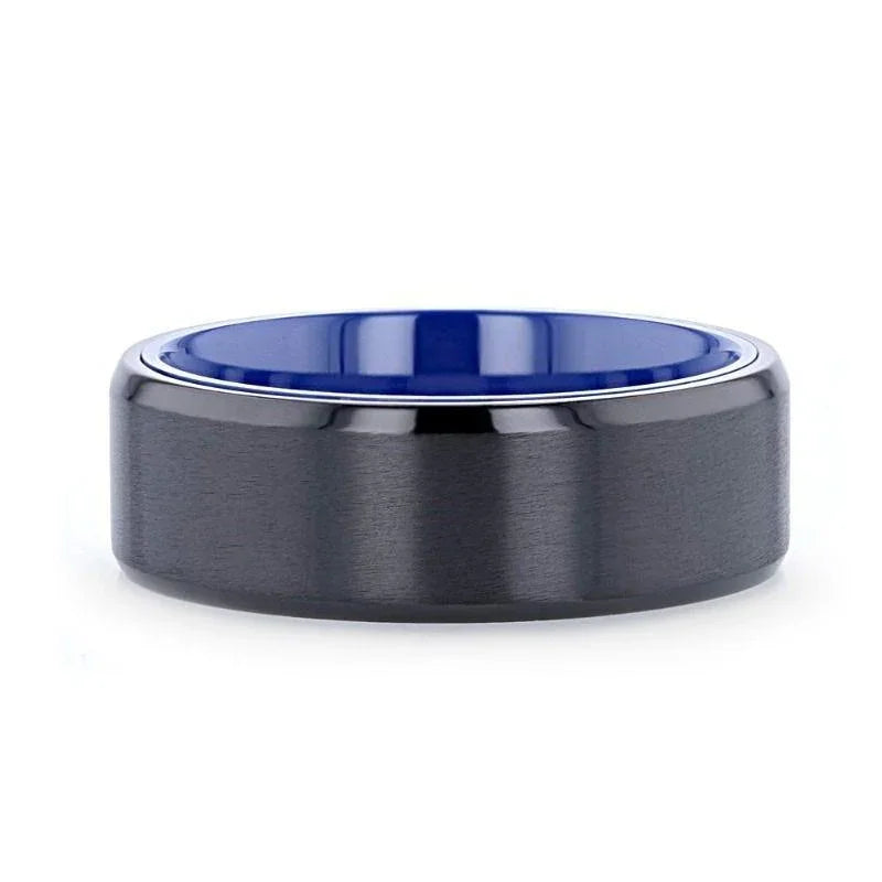 CASTOR Beveled Edges Black Titanium Ring with Brushed Center and Vibrant Blue Inside - 8mm